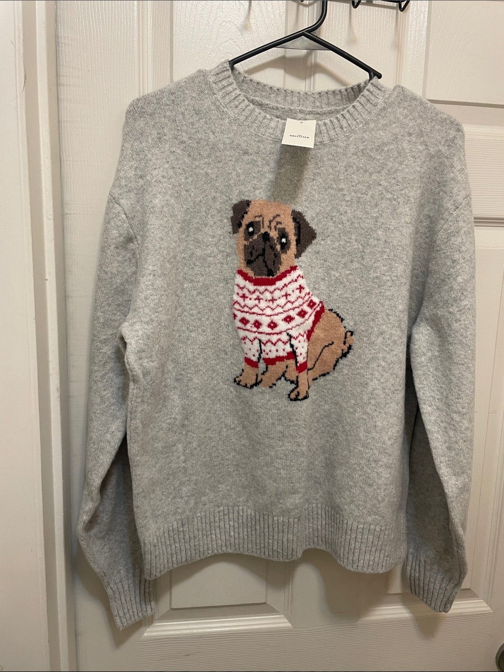 Hollister Pug Christmas Sweater – Gray Holiday Knit – New With Tags – Size XS
